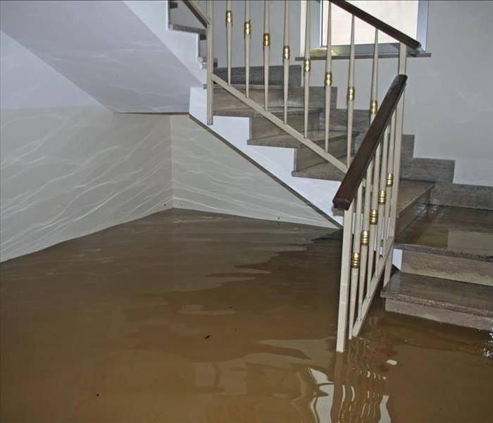 hallway staircase in a building with flooding up to the second step.